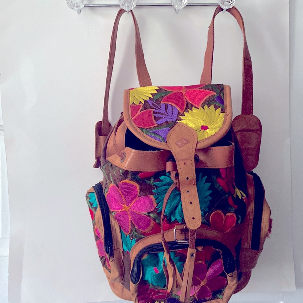 Huipil Backpack, authentic leather/  floral  embroidery